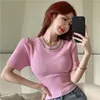 Women's Sweaters Beading O Neck Sweater Women Summer 2023 Fashion Short Sleeve Crop Tops Ladies Knitted Clothes Pink Black