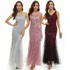 Luxury Vintage Sequins Trumpet Formal Gowns for Women Elegant High Waist Slim Fit Mermaid Evening Dresses V-Neck Sleeveless Backless Sexy Cocktail Party Dresse
