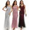 Luxo vintage lantejoulas trompete vestidos formais para mulheres elegante cintura alta ajuste fino sereia vestidos de noite decote em v sem mangas sem costas sexy vestido de coquetel