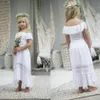 Lovely Bohemian Off the shoulder White Flower Girls Dresses For Wedding with Sleeves Long Lace Backless Beach Boho First Communion219H