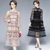 Casual Dresses Gothic Black Lace Women's Dress Bow Stand Collar Long Sleeved Summer Sweet Ruffles Mesh Floral Embroidery Party Robe G985