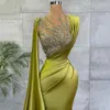 Olive Green Glossy Silk Satin Prom Dresses With Wrap Sparkle Sequined Long Mermaid Evening Party Gowns Ruched Sweep Train Women Second Reception Dress Formal CL0299