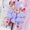 Women's Knits Chic Spring Autumn Mesh Stitching 3D Flowers Knitted Cardigan Gauze Spliced Ruffles Pearls Beaded Sweater Coat Fairy Purple