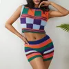 Women's Tracksuits Women Summer Y2K Knitted Sleeveless Shorts Set Plaid Vest With Elastic Waist Slim Fit Stripes Pullover Outfit Clubwear