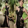2021 Elegant pärlor Split aftonklänningar Rami Salamoun Appliced ​​High Neck Mermaid Sequin Long Prom Dress Real Images Cheap For292s