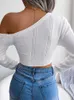 New Women Sweater Knitted One Shoulder Crop Top Women Fashion Long Sleeve Tops Casual Hollow White Thin Sweater Autumn Winter Pullover 2023