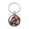 Portachiavi Cordini Pittura Fiori Bellezza Cabochon in vetro Portachiavi Borsa Auto Portachiavi Portachiavi Charms Sier Per uomo Donna Regalo Drop Dhbk0