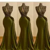 2021 Hunter Green Pailletten Kristall Perlen Meerjungfrau Abendkleider Vintage High Neck Keyhole Pailletten Spitze Prom Kleider Saudi Arabisch L239R