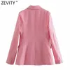 Women's Suits Blazers Zevity Women Vintage Green Pink Houndstooth Plaid Print Blazer Coat Office Ladies Double Breasted Outerwear Chic Slim Tops CT726 L230724