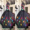 Seksi Siyah Renkli Çiçek Nakış Charro Quinceanera Elbiseler 2022 Tatlım Saten Dantel Yukarı Mexicano Vestido de 15 XV Swee202l