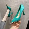 Sapatos sociais versão coreana nicho de salto alto com salto fino de 8 cm verde claro metal pontiagudo sapato único para mulheres no outono Zaptos Mujer