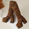 Boots Boots Sexy Leopard Women Boots High Heels Chunky Platform Big Size Black Autumn Winter Knee High Boot Flock Party Fetish Shoes bra4610225 Z230724