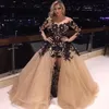 Sexy See Through Sukienki wieczorne Zużycie z długimi rękawami Czarne koronkowe aplikacje Ruched Tiul z szampana plus rozmiar Zuhair Murad Formal 3118