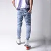 Męskie dżinsy drukowane chude podarte dżinsy dla mężczyzn szczupłe modne streetwear Hip Hop Patchwork Dżinsy małe stóp dżinsowe spodnie L230724