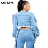 Damesjassen CM.YAYA Damesmode Gescheurde Ruches Zijkant Lange mouw Single Breasted Turn-down Kraag Denim Jas 2023 Straat INS Jas Tops L230724