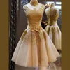 2018 Elegant Homecoming Dresses For Teens High Neck Sheer Neck With Gold Applique Short Prom Dresses Tiered With Bow Sash Cocktail258w