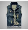 Chalecos de hombre tendencia chaqueta deshilachada Denim Casual coreano azul oscuro abrigos moda luz y agujero 2023 estilo