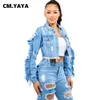 Damesjassen CM.YAYA Damesmode Gescheurde Ruches Zijkant Lange mouw Single Breasted Turn-down Kraag Denim Jas 2023 Straat INS Jas Tops L230724