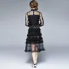 Casual Dresses Gothic Black Lace Women's Dress Bow Stand Collar Long Sleeved Summer Sweet Ruffles Mesh Floral Embroidery Party Robe G985