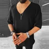 Blusas Masculinas Suéter de Malha Casual de Verão Meia Manga Decote em V Suéteres Sólidos Tops Moda Masculino Slim Fit Masculino Streetwear