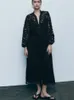 Casual Dresses Black 2023 Summer French Fashion Långärmad V-ringning A-line kjol ihålig broderiklänning Kvinnkläder