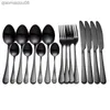 Stoviglie nere Set di posate in acciaio inossidabile Forchette Coltelli Cucchiai Set da tavola per cucina Forchetta Cucchiaio Coltello Set di stoviglie in oro 16 pezzi L230704