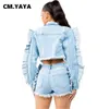 Damesjassen CM.YAYA Damesmode Gescheurde Ruches Zijkant Lange mouw Single Breasted Turn-down Kraag Denim Jas 2023 Straat INS Jas Tops L230724