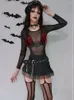 T-shirt da donna Gothic Y2K Top Donna See Through Mesh Patchwork Maniche lunghe Crop Top Cintura pentagramma 2 pezzi E-Girl Black Harajuku Grunge