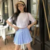 Summer ladies white round neck short sleeve plus blue striped lace loose skirt suit skirt, high waist short sleeve plus striped skirt simple casual everything.