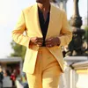 Keten düğün smokin sarı erkek takım elbise blazer ince fit 2 adet damat elbise balo parti ceket pantolon özel yapım284j