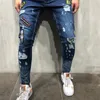 Jeans pour hommes Mélange de coton Skinny Hole Ripped Denim pour hommes Hip Hop Slim Fit Streetwear Patchwork Badge Pantalon crayon bleu en détresse 230721