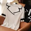 Damenpullover Sommer koreanische Mode Pullover Top Frauen Kerbkragen Strickpullover T-Shirt Kurzarm Tops Casual Arbeitskleidung Damen