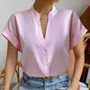 Chemisiers pour femmes doux femmes chemise soyeuse lisse col en v chemisier élégant col montant à manches courtes pour les affaires formelles Ol Commute Style solide