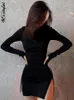 Basic Casual Dresses Black Dress Long Sleeve Mini Dres Side Slit Drawstring Female Autumn Winter Clothes Streetwear Bodycon Y2K 230724