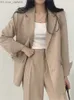 Women's Two Piece Pants JuneLove Fashion Spring and Autumn Casual Polo Double Button Jacket+High Waist Wide Leg Pants 2PK Khaki Set Z230724