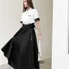 Summer Ladies White Sleeve Black Loose High-waist Long Skirt Set Skirt, Short Shirt Short-sleeve Plus Belt Slim, Casual Fashion.