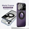 Lente de vidro metal borda caso telefone para iphone 15 12 13 14 pro max carregamento sem fio ímã grande lente fosco capa telefone