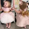 Bow Wedding Flower Girls Dresses Toddler Baby First Communication Wear With Gold Sequins Tiered Tea Length Party Ball Gown245e