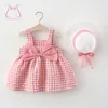 Conjunto de ropa a cuadros para niña, 2 uds., dulce lazo, vestido de fiesta de cumpleaños de verano para niñas, trajes para niños de 0 a 3 años + sombrero