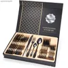 Black Tableware Cutlery Set 24/16pcs Forks Spoons Knifes Set Dinnerware Set Mirror Polished Stainless Steel Holiday Gift Box L230704