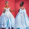 Light Sky Blue 2020 Flower Gilr klänningar från axeln 3d blommor Appliced ​​Little Girl Wedding Dresses Child Pageant Dresses Gow250k