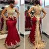 2019 Sexy Burgundy Mermaid Evening Dresses Gold Lace Applique Beads Sweep Train Jewel Neck Sheer Back Sleeveless Plus Size Party P262T