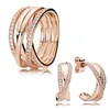 Rose Gold Polished Hoop Earrings Ring Set for Pandora Crystal Diamond Luxury Jewelry Wedding Rings For Women Girls designer Earring with Original Box High quality