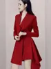 Vestidos casuais 2023 outono vestido feminino moda lapela fino cinto cintura manga longa vermelho irregular mini elegante feminino
