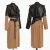 Women's Trench Coats Patchwork Leather Coat Mid Length Style Long Jacket Over Knee Tie Up Waist Khaki Color Matching Fashion Outwear