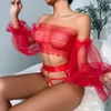 Ensembles de Lingerie à épaules dénudées en maille transparente tenues érotiques nues sans entrejambe sans censure à manches longues Transparent Sissy intime