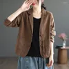 Kvinnors kostymer 2023 Vintage Plate Button Cotton Blazer Women Spring Autumn Coat Long Sleeve Thin Jacka Korean Fashion Tops Rockar Mångsidig