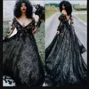 Goth Country Wedding Dresses A Line V Neck Long Sleeve Sweep Train Bridal Gowns With Black Lace Applique Wedding Gowns For Beach G314p