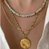 Choker Minority Natural Semi-precious Stone Beaded Moonstone Pattern Green Water Wave Chain Star-moon Round Plate Stacked Necklace