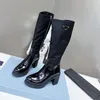 Neue Herbst- und Winter-Top-Marke für Damen, Designer, glänzendes Leder und Nylon, Schnürstiefel mit hohem Absatz, mittellange Stiefel, Stiefeletten, Martin-Stiefel, Lederstiefel 04